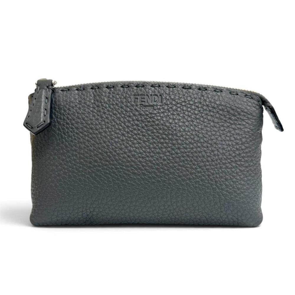 FENDI 8N0114 SELLERIA Logo Leather Pouch, Cosmetic Dark Gray, Silver Hardware...